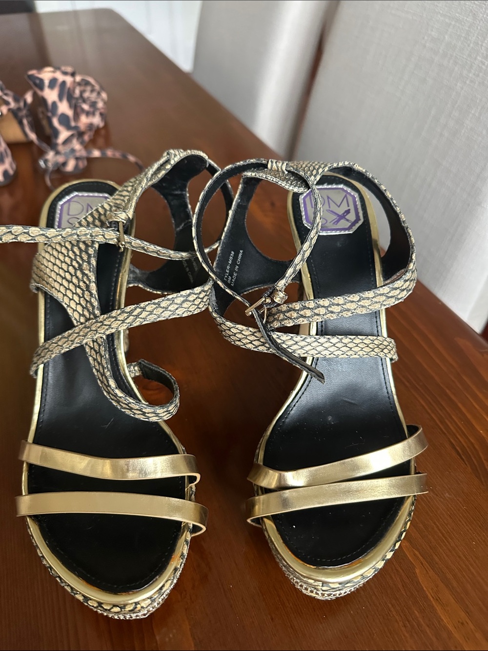 Metallic Gold Platform Sandals with Snake-Print Ankle Wrap